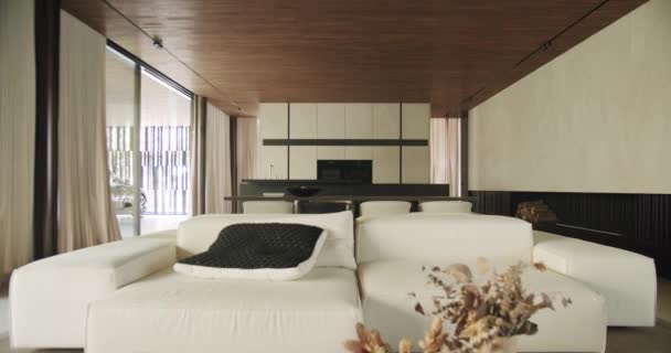 Estilo Minimalista Apartamento Moderno Sofá Branco Com Travesseiro Mesa Jantar — Vídeo de Stock