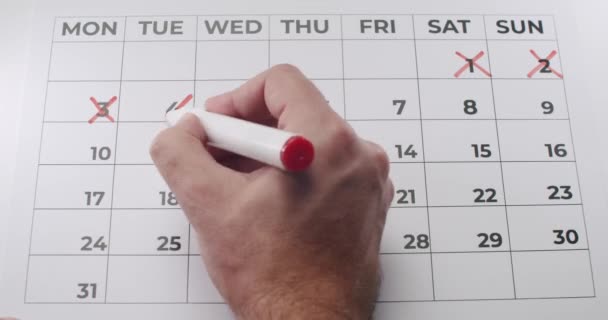 Man Hand Marking Dates Month Calendar Red Cross Person Mark — Stock Video