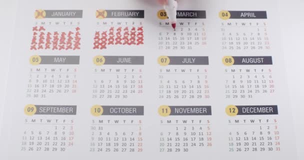 Person Hand Crossed Out Every Day Year Paper Calendar Marking — Stock Video