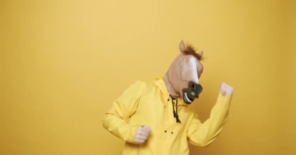 馬のマスクをした男は面白いジェスチャーを作る 黄色の面白い男は馬のマスクとダンスに適しています 男は孤立した黄色の背景で楽しんでいます 楽しいパーティーだハロウィーン バカの日だ 仮面舞踏会のアイデア — ストック動画