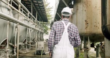 Erkek şarap imalatçısı, içeceklerin kalitesini içeride kontrol ediyor. Alkol üretim kavramı. Şarap fabrikasındaki üretim ekipmanlarının kalitesini kontrol eder.