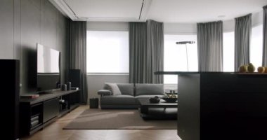 Oturma odasının çekmeceli televizyon sandıklı modern iç tasarımı. Basit tuvaleti olan modern bir oturma odası. Lüks Zarif Oda. Minimalist İç İşleri. Konforlu Modern Mobilya Tasarımı.