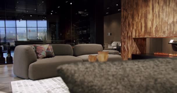 Luxo Casa Moderna Interior Com Sofá Cinza Cadeiras Estante Mobília — Vídeo de Stock