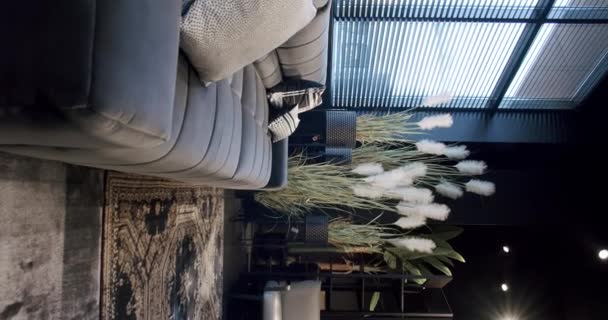 Moderní Moderní Minimalistický Obývací Pokoj Černým Nábytkem Luxusní Moderní Dům — Stock video