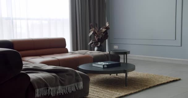Сучасна Мінімалістична Вітальня Сірими Коричневими Меблями Інтер Кутовим Диваном Круглим — стокове відео