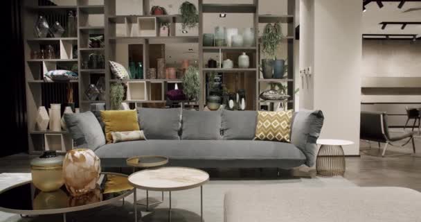 Moderní Moderní Minimalistický Obývací Pokoj Šedým Nábytkem Luxusní Moderní Dům — Stock video