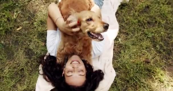 Amizade Animal Humana Uma Mulher Brincar Com Cão Abraços Beijar — Vídeo de Stock