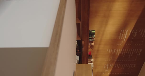 Houten Toonbank Coffeeshop Menu Aan Muur Modern Interieur Minimalistische Stijl — Stockvideo