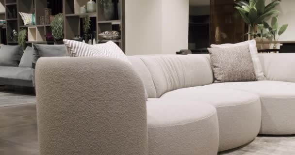 Moderna Sala Estar Minimalista Contemporánea Con Muebles Blancos Beige Sala — Vídeo de stock
