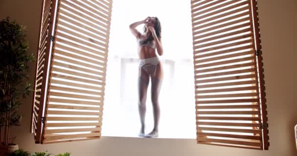 Mujer Sexy Ropa Interior Azul Elegante Cuerpo Sexy Chica Ropa — Vídeo de stock