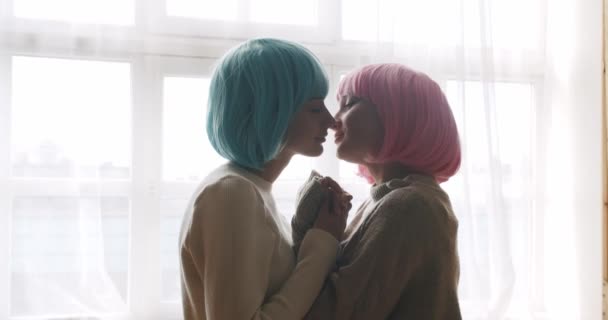 两个漂亮性感的女同性恋女孩牵着手 拥抱并亲吻温柔 穿着假发的时尚女性情侣约会并享受亲密的感觉 Lgbt关系概念 — 图库视频影像