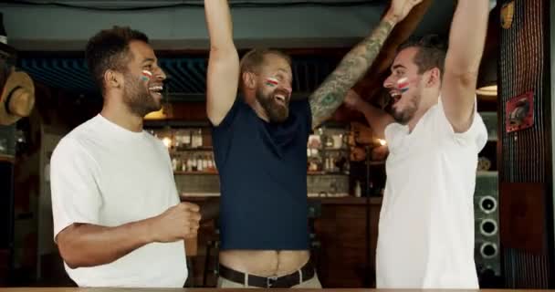 Sports Fans Watching Soccer Match Pub Joyful Multi Ethnic Men — Stock Video