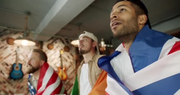 Diverse Man Football Fans Watching Championship Pub Cheering Different Countries — Stock Video