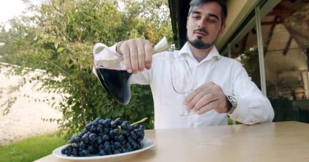 Elegantní Spokojený Muž Vinař Nalévání Červené Víno Karafy Skle Ochutnávku — Stock video