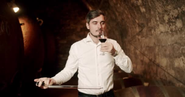 Expertul Omului Ține Paharul Vin Roșu Mână Degustând Verificând Calitatea — Videoclip de stoc