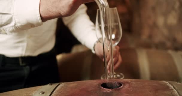 Крупним Планом Виноробному Заводі Наливають Червоне Вино Склянку Бочки Використовуючи — стокове відео