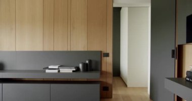 Oturma odasındaki detaylar, dolap, kitaplarla dolu raf ve ahşap panelli duvar. Çağdaş apartmandaki doğal malzemelerden ahşap kaplama