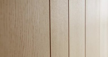 Duvara ahşap panel dekorasyonuyla yakın plan. Dairenin içinde ahşap şeritler ve modern iç döşemeler var. Tasarımda doğal malzemeler. Ahşap doku