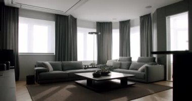 Modern iç mekanı olan geniş bir oturma odası, yastıklı rahat kanepe, sehpa, gri tonlu perdeli pencere ve yerde halı. Çağdaş mobilyalı lüks bir daire.