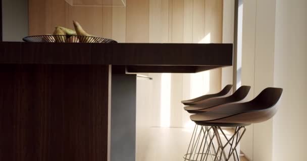 Detail Kitchen Studio Interior Modern Island Countertop Wooden Bar Stools — Stock Video