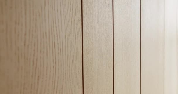 木のパネルの装飾が付いている壁の閉鎖 モダンなインテリアを備えたアパートメントのウッドプランクストライプ デザインの天然素材 ウッドテクスチャ — ストック動画