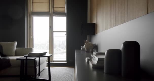 현대적인 인테리어가있는 아파트의 세련된 쿠션과 플레이드가있는 편안한 테이블 선반에 블라인드가있는 — 비디오
