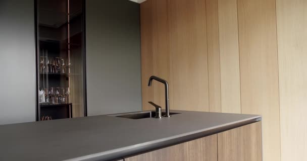 Closeup Modern Island Countertop Sink Faucet Luxury Kitchen Minimalist Style — Stock Video