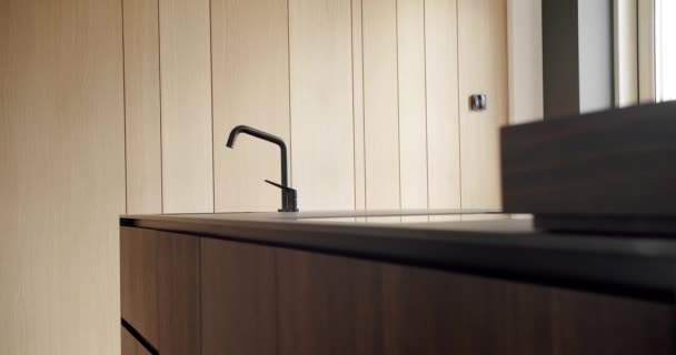 现代厨房岛与台面 水池和水龙头木墙背景 豪华公寓的简约设计 木料制作的当代家具 — 图库视频影像