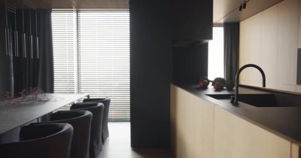 Moderne Und Minimalistische Design Wohnung Stilvolles Interieur Der Luxusküche Mit — Stockvideo