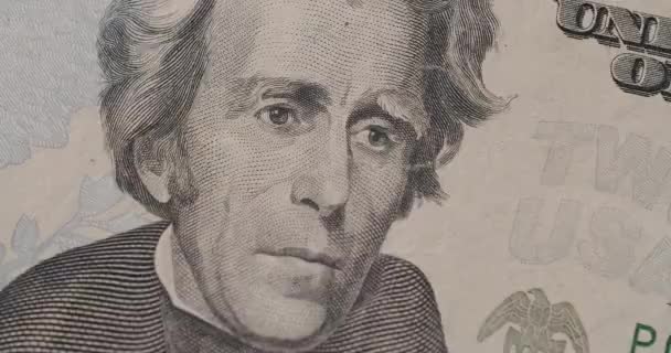 Usa President Andrew Jackson Usa Amerikanska Dollarssedlar Närbild Makro Tjugo — Stockvideo