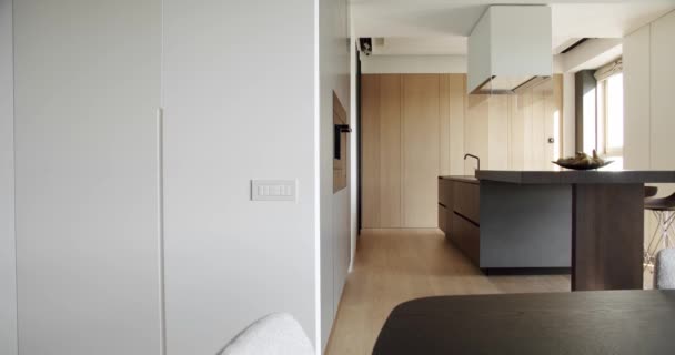 Light Wood Wall Floors Stylish Interior Kitchen Modern Open Concept — Stock Video