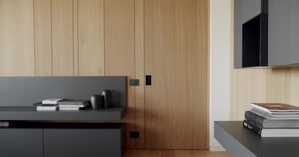 Nowoczesny Minimalistyczny Salon Drewnianą Ścianą Szarymi Meblami Minimalistyczny Wnętrze Domu — Wideo stockowe