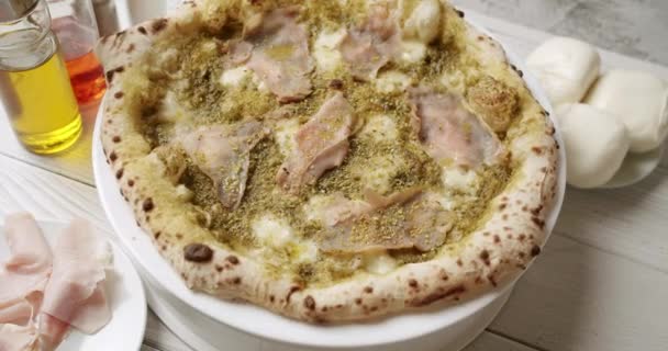Pizza Meat Pesto Cheese Parmesan Fresh Out Oven Ready Eat — Stock Video
