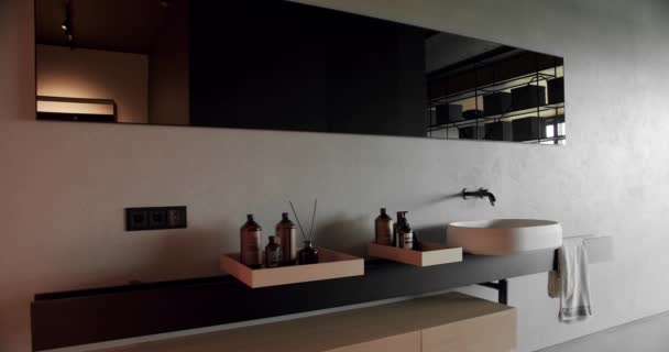 Stylish Bathroom Loft Interior Wooden Sink Cabinet Modern Washbowl Water — Stock Video