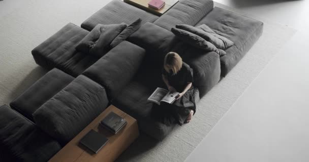 モダンなアパートでモダンなソファーや読書雑誌に座っている女性のオーバーヘッドビュー 休息のためのラウンジゾーンとロフトスタイルのリビングルームでリラックス — ストック動画