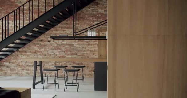 Modern Apartment Open Plan Loft Interior Dining Table Wooden Counter — Stock Video