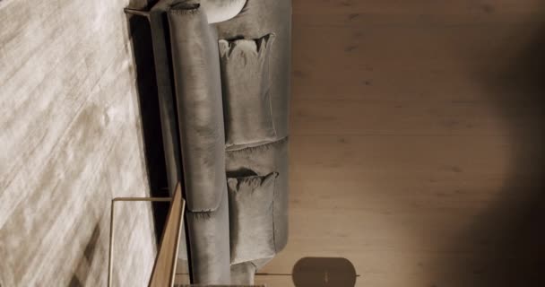 Nowoczesny Minimalistyczny Salon Szarymi Meblami Drewnianą Ścianą Modne Meble Minimalistyczne — Wideo stockowe