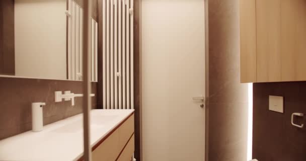 Luxury Bathroom Interior Minimalist Interior Brown Colors Bathroom Accessories Mirror — Stock Video