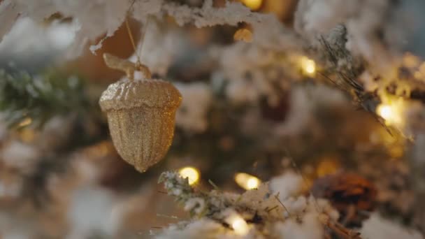 Selective Focus Shiny Decorative Toy Hanging Christmas Tree Closeup Beautiful — Stock Video