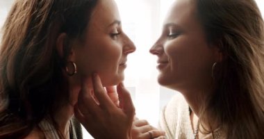 Birlikte zaman geçirirken öpüşen kadın çifte yakın çekim. Romantik bir ilişki yaşayan iki güzel kadın, aşkı hissedip sarılıyorlar. Yakınlık kavramı