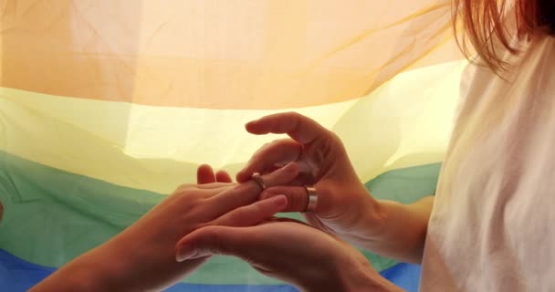 拍到女同性恋者把结婚戒指戴在女朋友的手指上挂在彩虹彩旗背景上 恋爱和结婚的女人们 同性婚姻 Lgbt关系概念 — 图库视频影像