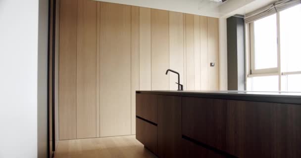 Piękne Wnętrze Kuchni Nowych Stylowych Mebli Ściana Podłoga Lekkiego Drewna — Wideo stockowe