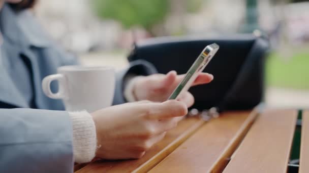 Widok Przycięty Żeński Trzymać Smartfon Rękach Wysłać Wiadomość Tekstową Podczas — Wideo stockowe