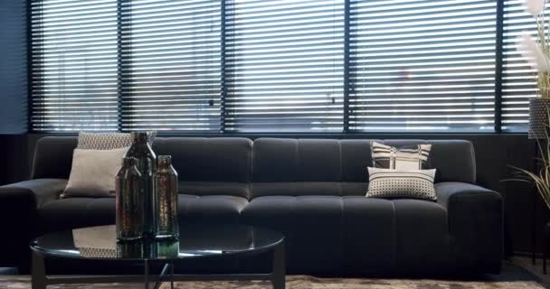 Moderne Eigentijdse Minimalistische Woonkamer Met Zwart Meubilair Luxe Modern Interieur — Stockvideo