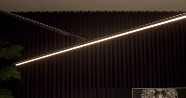 Czarna Minimalistyczna Nowoczesna Liniowa Lampa Podłogowa Czarnym Wnętrzu Drewnianą Linią — Wideo stockowe
