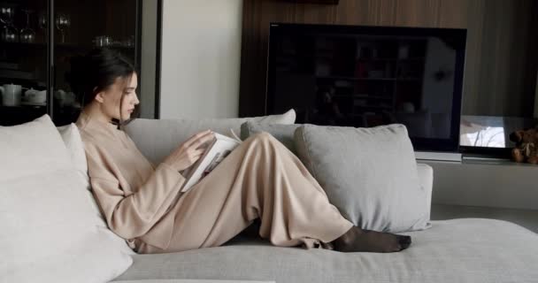 Attractive Lady Enjoying Spending Leisure Time Modern Novel Literature Couch — Vídeos de Stock