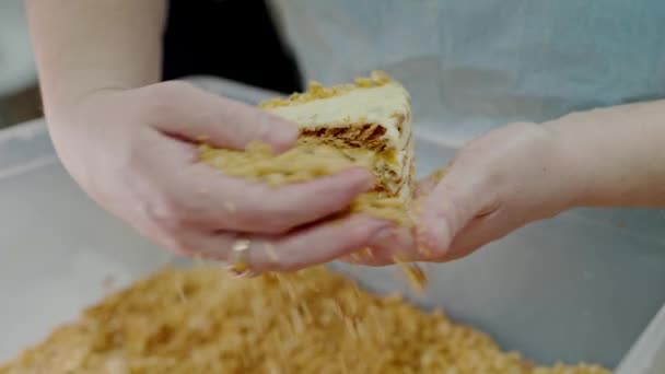 Обрізаний Вид Жінки Готує Торт Посипає Шматки Крихтами Кухні Ресторану — стокове відео
