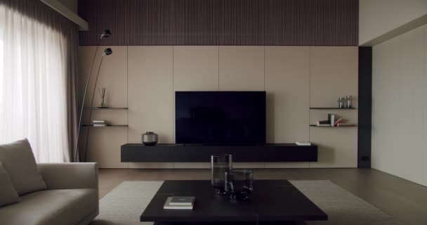 舒适的沙发 木制咖啡桌和电视机 站在有现代室内装饰的客厅里 简约风格的时髦公寓里的当代家具 — 图库视频影像
