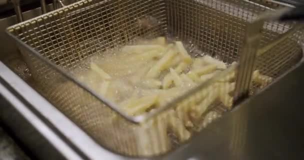 Nahaufnahme Auf Stahlkorb Mit Kartoffelbraten Der Fritteuse Mit Heißem Prozess — Stockvideo
