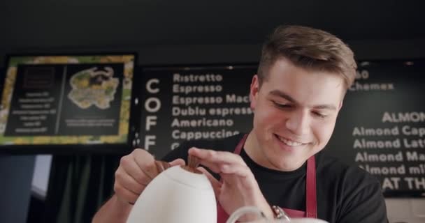 Male Barista Apron Filling Water Kettle Cup While Preparing Pour — Stock Video
